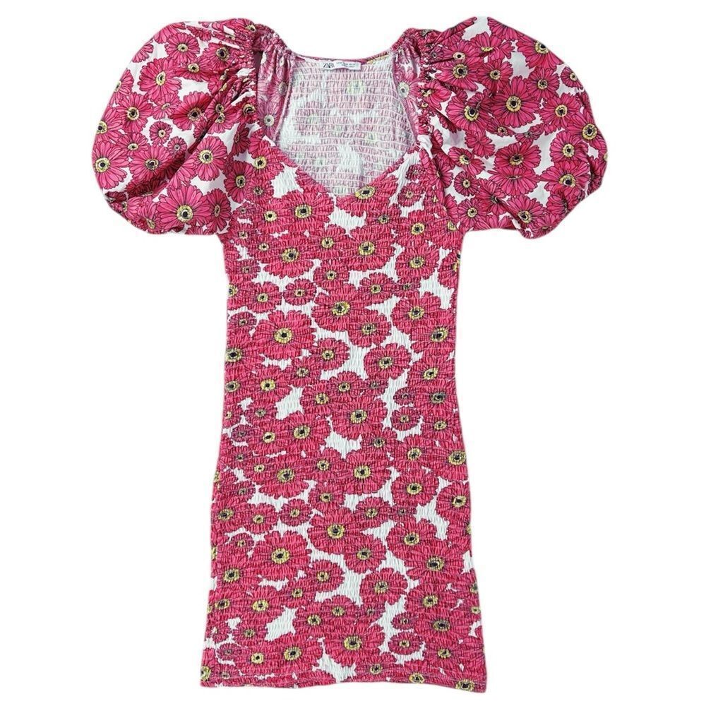 Zara Pink Daisy Floral Smocked Bodycon Dress Puff Sleeves Size Medium